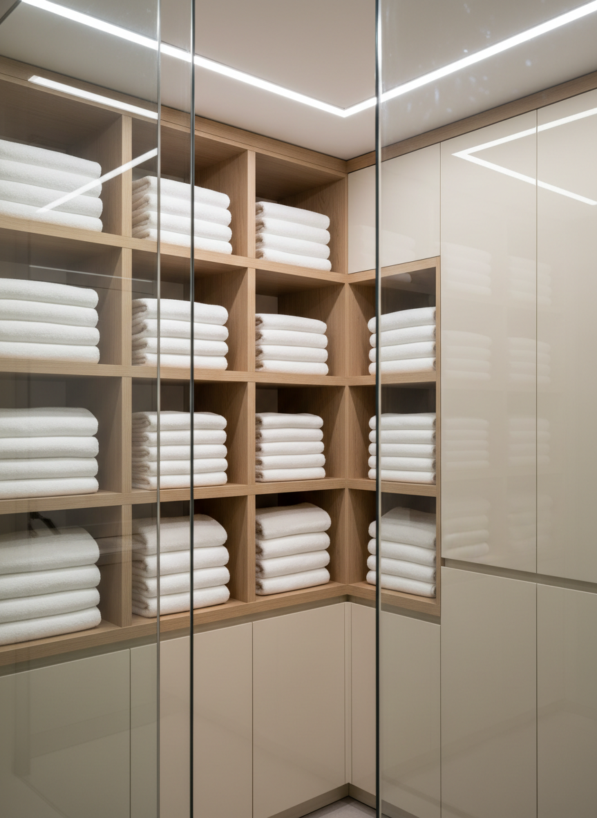 A collection of neatly folded, crisp white towels arranged in geometric stacks on custom-built shelving, housed in a glass-walled prep room with high-gloss, neutral-toned cabinetry. Bright, even overhead lighting highlights the pristine texture of the towels and enhances the feeling of freshness. Reflections on the glass panels are clean and controlled, giving a sense of structured luxury and attention to detail. Framed from a slightly off-center perspective, the composition uses strong lines and depth to convey professionalism and impeccable hygiene in a photographic, minimalist style.