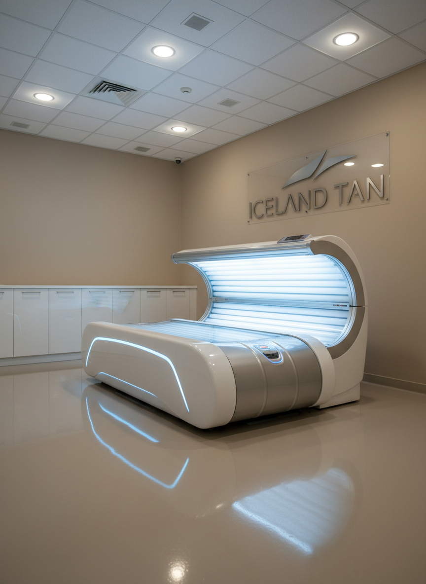A state-of-the-art tanning bed with a sleek white and silver exterior, designed with modern curves and bright LED accents, positioned in a flawlessly clean salon room. The bed's surface gleams under a ceiling of recessed white lighting, with the neutral-toned walls and structured cabinetry enhancing the sense of cleanliness and sophistication. Subtle reflections dance across the glossy, seamless floor. Captured from a slightly elevated, wide-angle perspective that showcases both bed and surrounding space, the mood is calm, professional, and inviting. The composition uses balanced, clean lines and a photographic realism to emphasize the cutting-edge and pristine environment of Iceland’s top tanning salon.