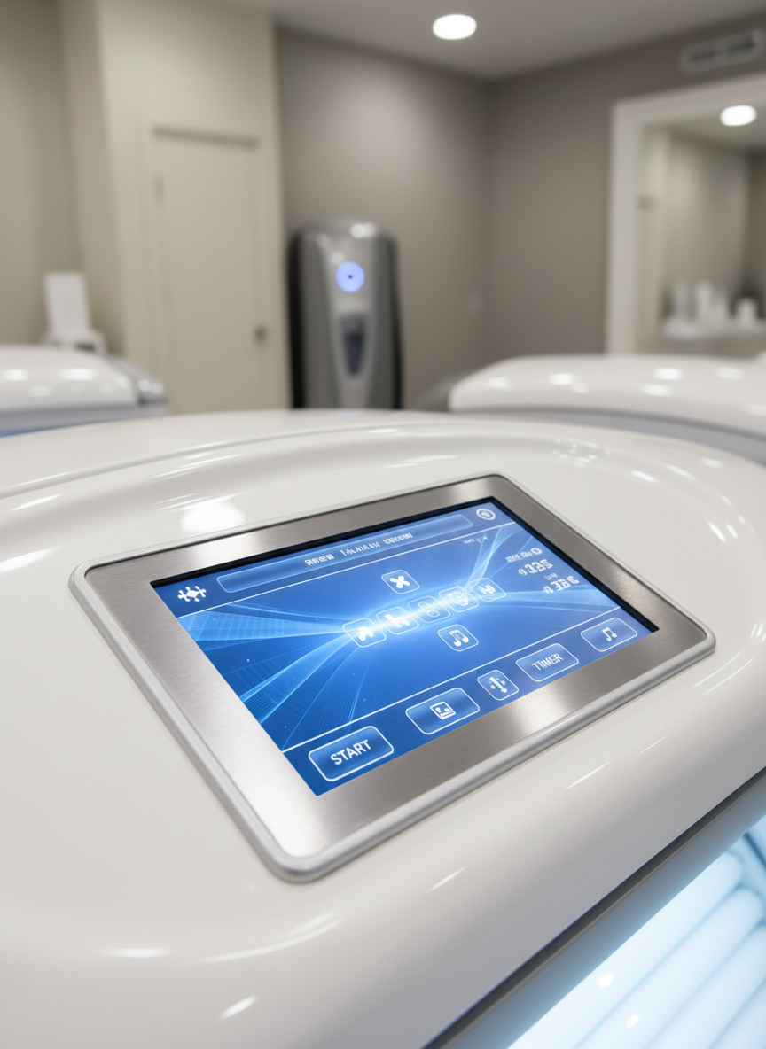 A close-up of a high-tech touch screen control panel built into one of the salon’s newest tanning beds, with its illuminated digital display featuring a slick, blue and silver interface. The panel is set within a brushed steel frame, reflecting ambient light from the room’s recessed fixtures. The neutral background recedes into a soft blur, emphasizing the glossy clarity and advanced technology of the controls. Captured from a slightly low angle to accentuate the sleek curves and modern materials, the overall atmosphere is efficient, forward-thinking, and distinctly professional, in keeping with a clean, corporate, photographic aesthetic.