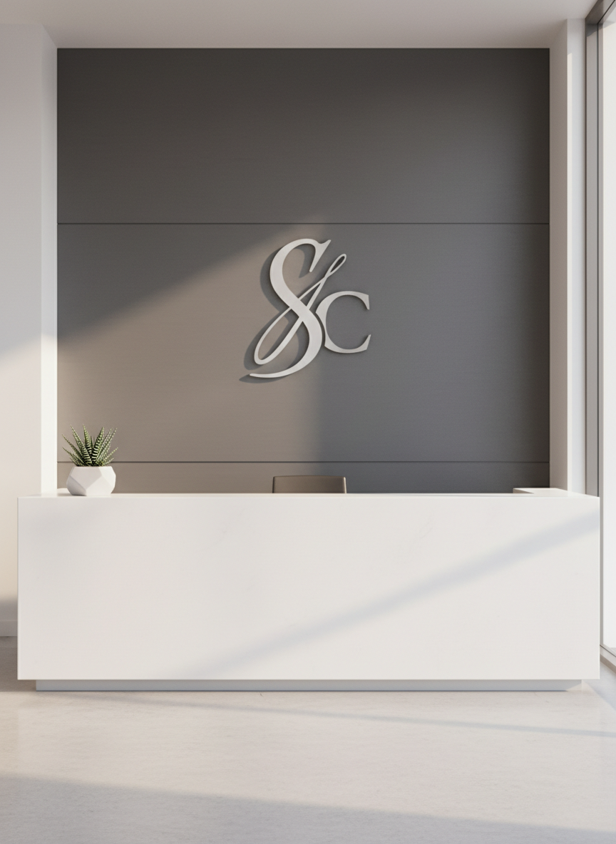 A minimalist, immaculately clean reception desk made of smooth white stone with a contrasting charcoal gray accent wall behind it, decorated with a subtle metallic logo of the salon. The spacious front area is devoid of clutter, with a small potted succulent adding a touch of organic texture. The desk is bathed in diffused natural daylight from a nearby window, which lends the scene a soft, professional glow and gentle shadowing, presenting a balanced, inviting mood. Shot at eye level and composed with perfect symmetry, the style aligns with photographic realism and a clean, modern business atmosphere.